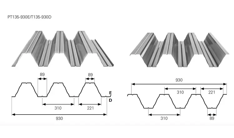 Trapézlemez T135 metszeti rajz