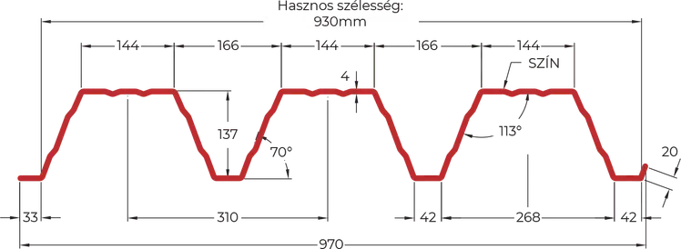 Trapézlemez T137 metszeti rajz