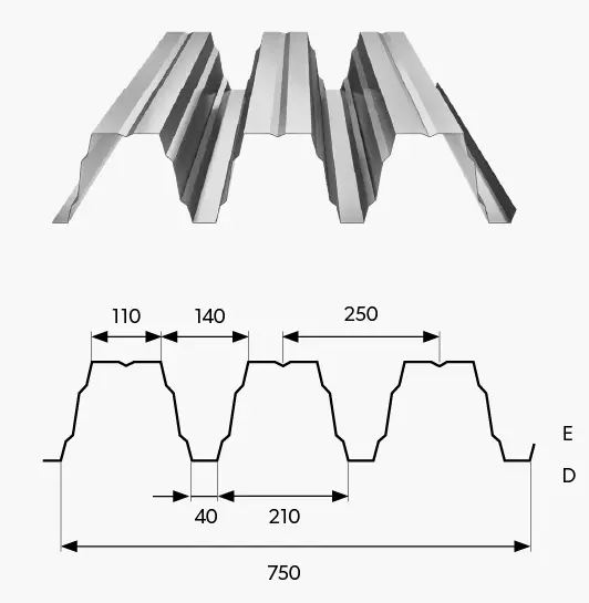 Trapézlemez T160 metszeti rajz