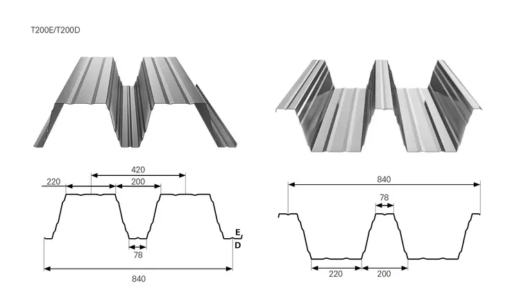Trapézlemez T200 metszeti rajz