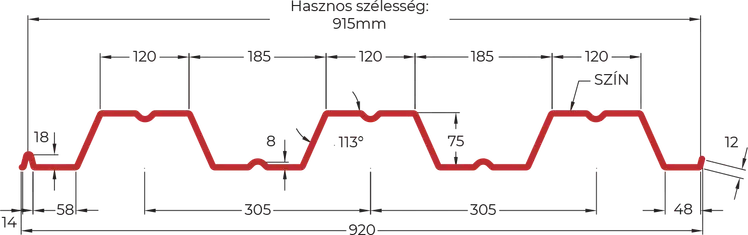 Trapézlemez T75 metszeti rajz