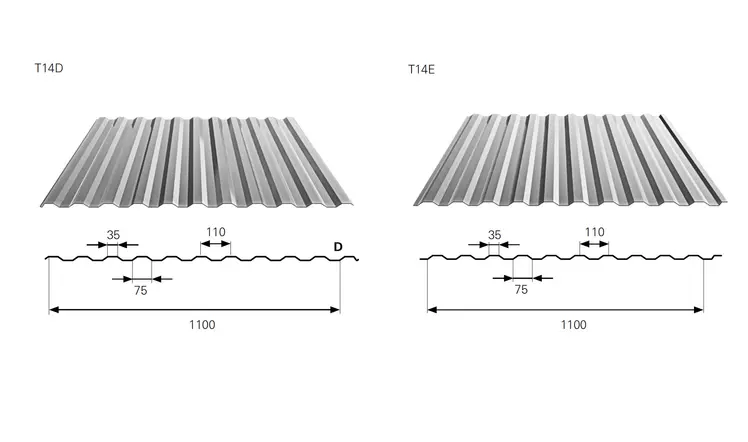 Trapézlemez T14 metszeti rajz