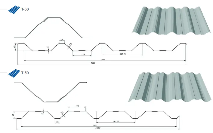 Trapézlemez T50 BT metszeti rajz